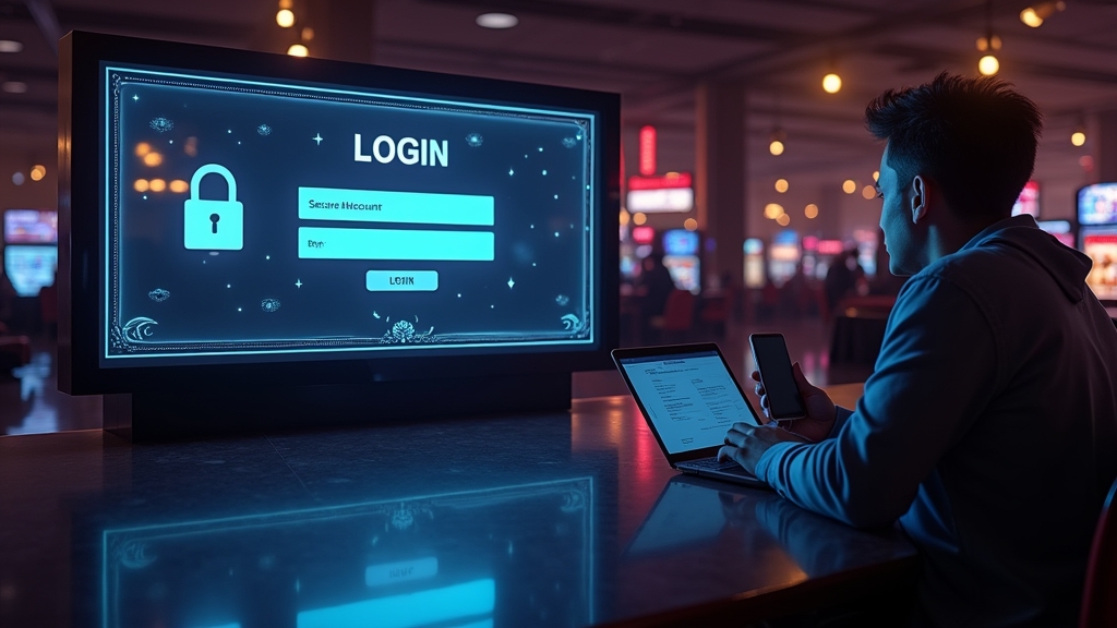 Dark casino lobby with a glowing login panel and a player checking account access