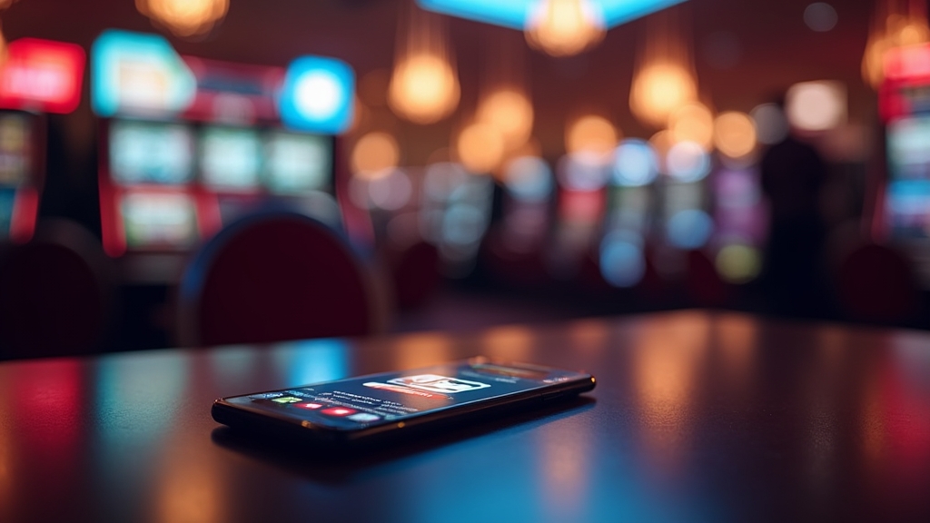 Smartphone showing a casino app download screen beside neon-lit gaming tables