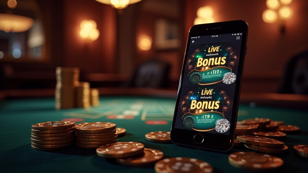 Smartphone showing casino bonuses and a live dealer table in a dark casino scene
