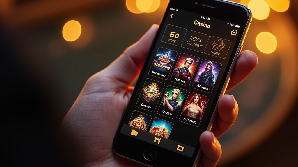 Smartphone displaying a clean casino lobby with game tiles and cashier icons