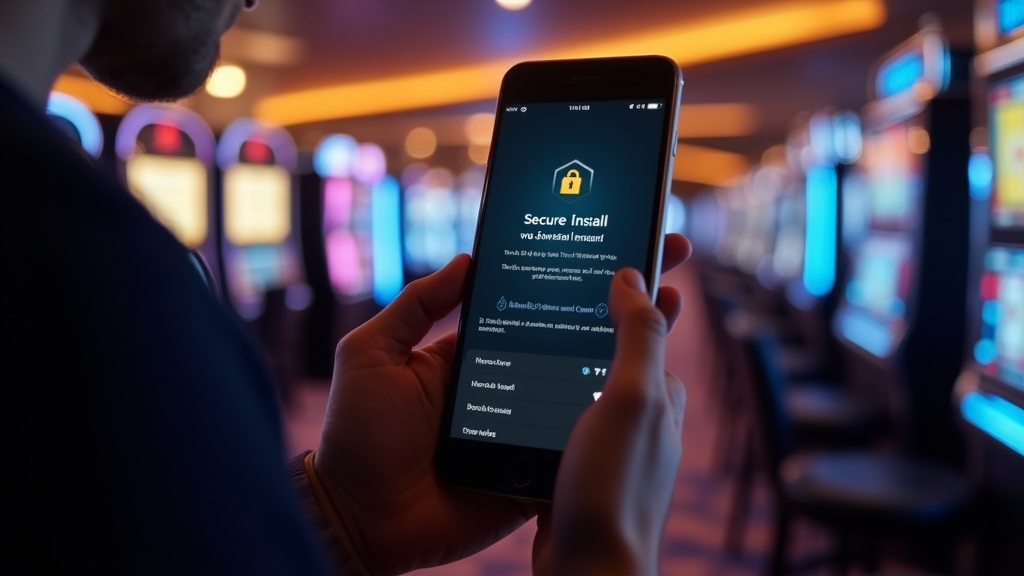 Player checking a secure app install prompt on a smartphone in a dark casino setting
