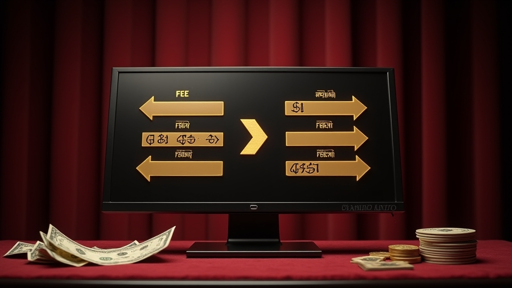 Currency exchange arrows and fee symbols over a casino cashier screen