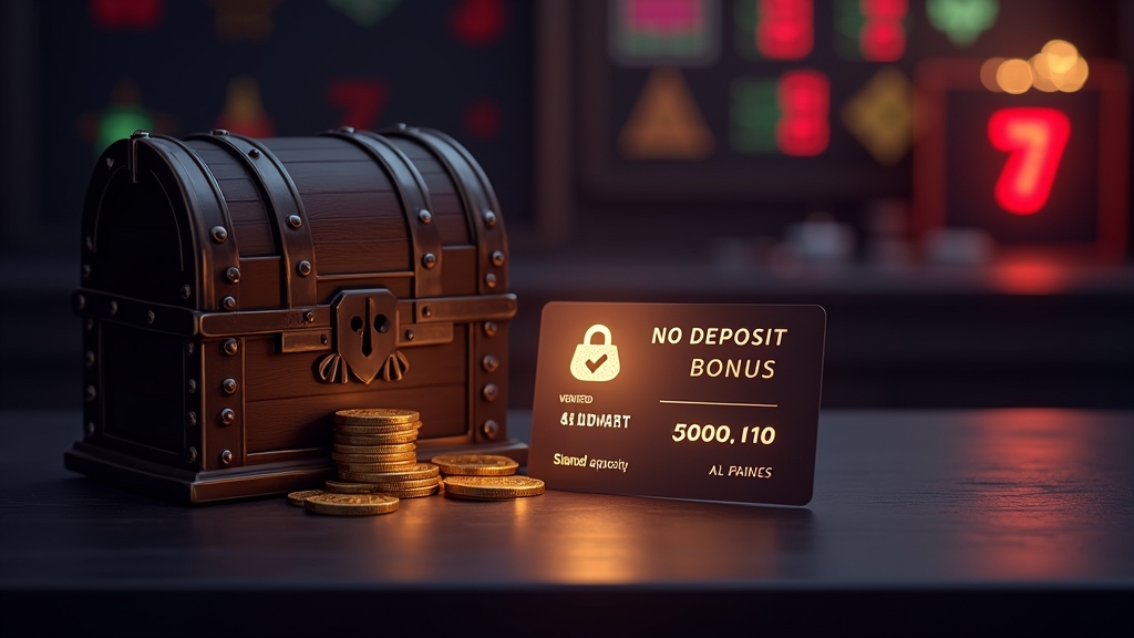 No deposit bonus card beside a verified casino account badge and glowing coins