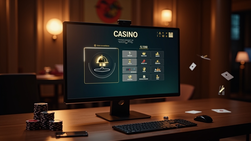 Casino cashier screen with payment icons beside chips and a smartphone