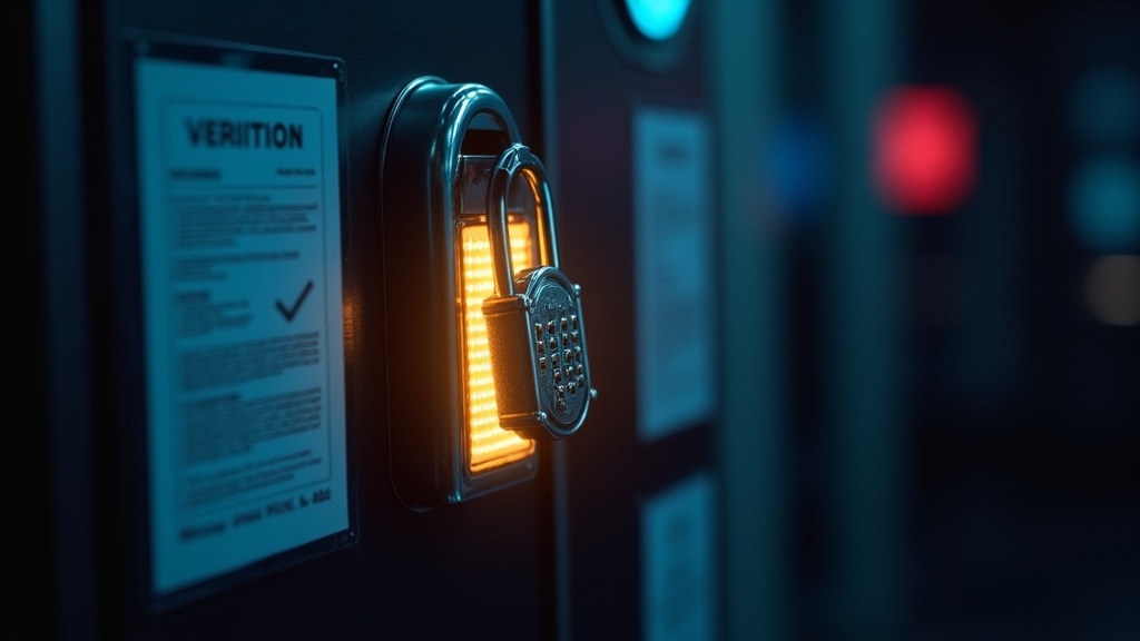 Locked payment terminal with verification documents in a dark casino setting