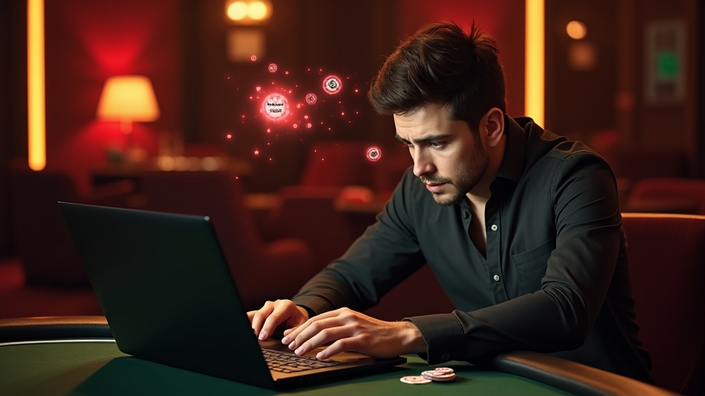 Player checking a pending or rejected withdrawal status in a dark casino lounge