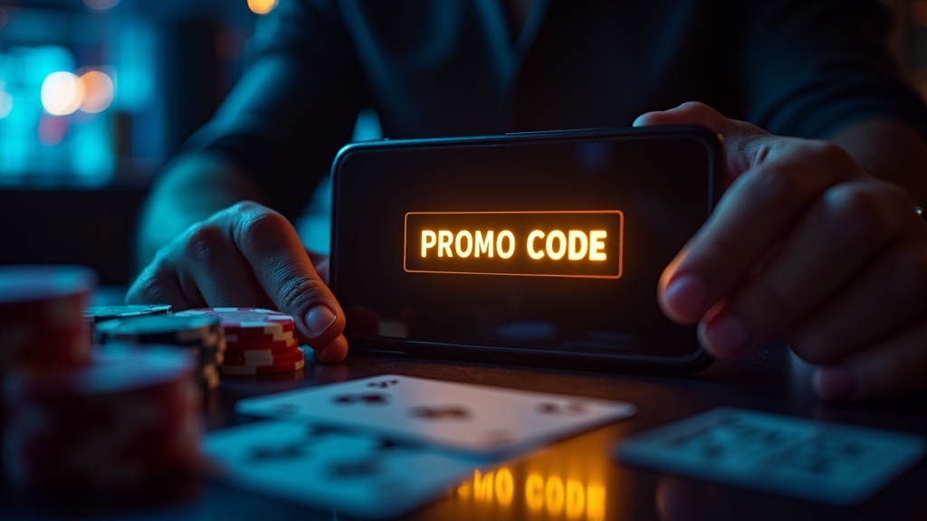 Casino promo code field glowing on a screen beside chips and cards