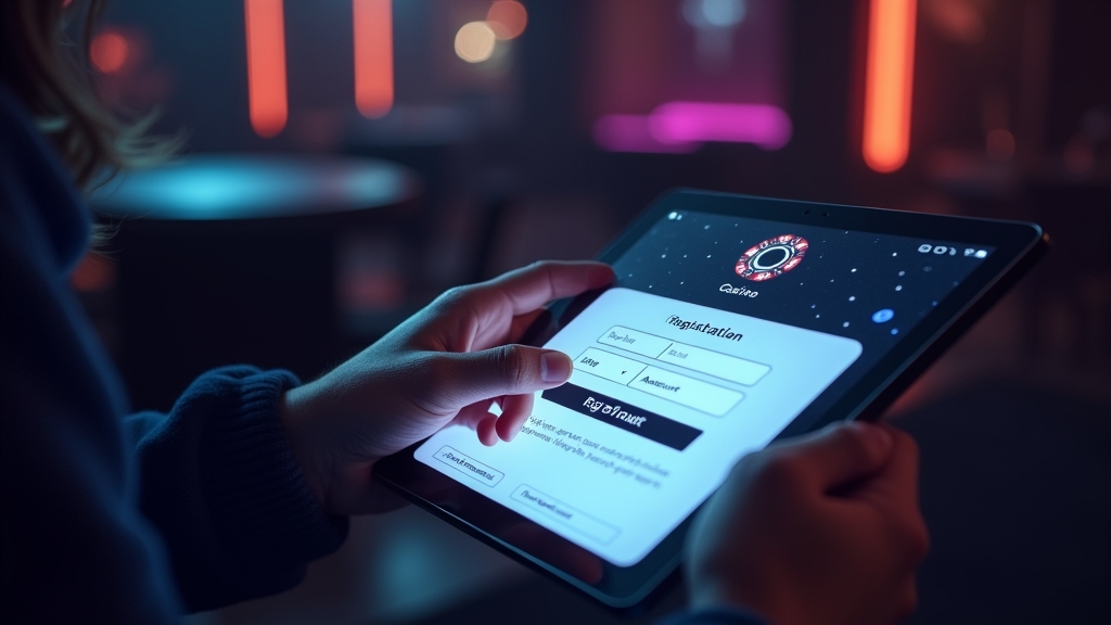 Player filling out a casino registration form on a glowing tablet in a dark lounge