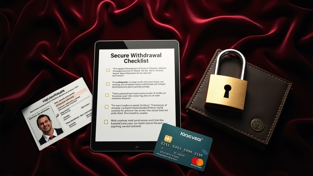 Withdrawal checklist beside ID documents and a card in a dark casino scene